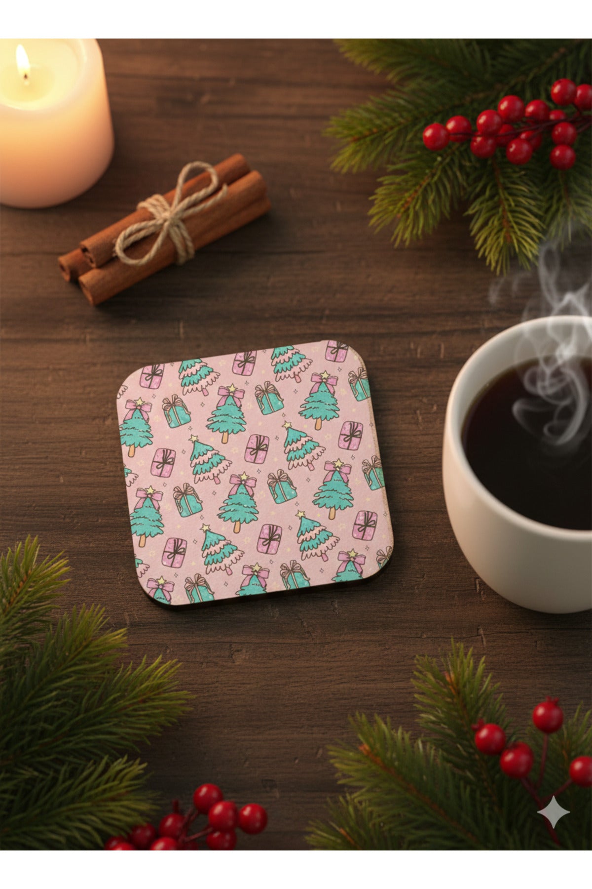 Pembe Çam Ağaçlı Yılbaşı Bardak Altlığı – Hediyelik Noel Desenli