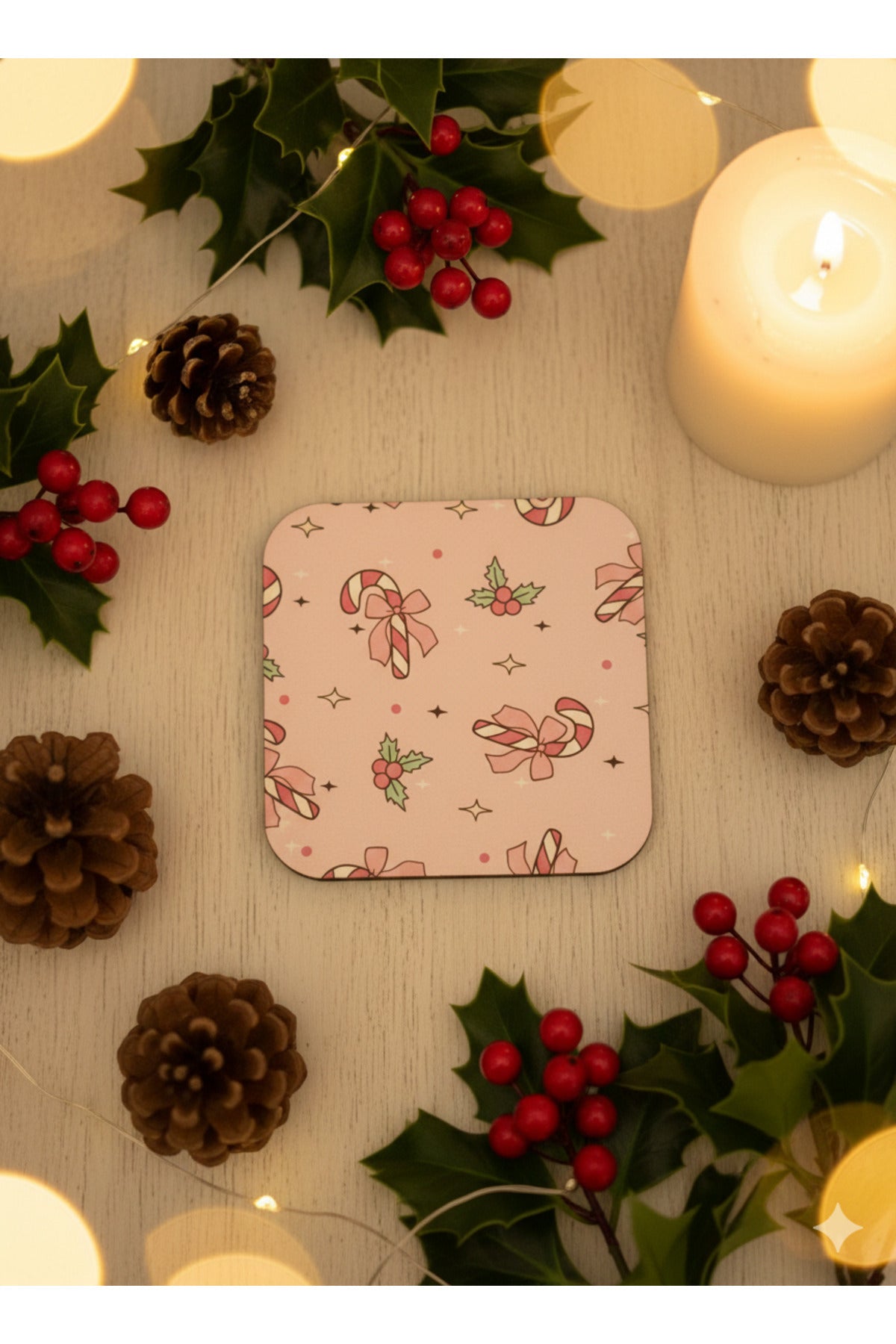 Pembe Candy Cane Yılbaşı Bardak Altlığı – Şeker Kamışı Desenli (10*10)