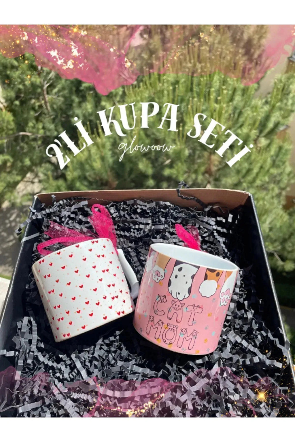 2’li Kupa Seti – Kalpli Ve Kedi Annesi Tasarımlı Eğlenceli Doğum Günü Hediyesi