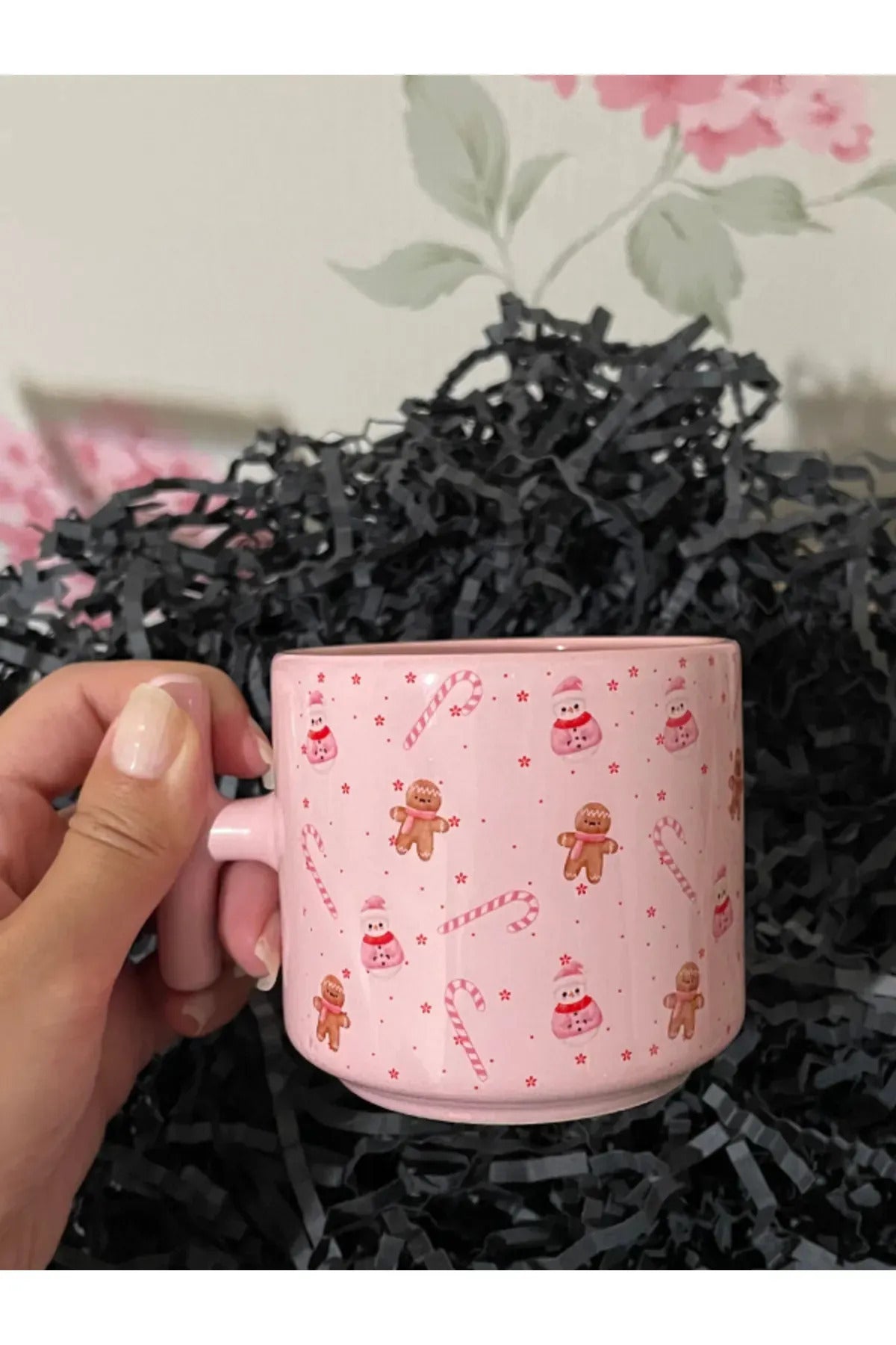 Pembe Kupa Bardak - Yılbaşı Ağacı, Kardan Adam, Kurabiye Desenli, Yeni Yıl Ve Özel Günler Için