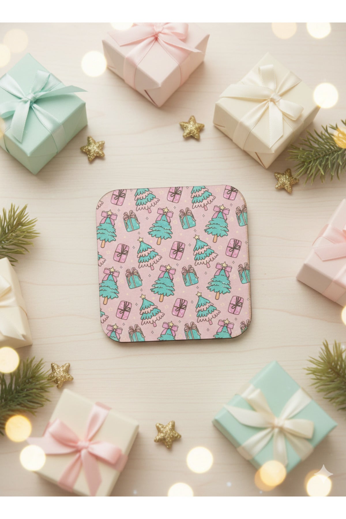 Pembe Çam Ağaçlı Yılbaşı Bardak Altlığı – Hediyelik Noel Desenli