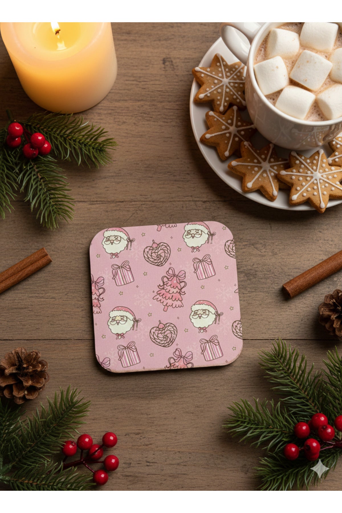 Pembe Yılbaşı Desenli Bardak Altlığı – Noel Baba ve Hediye Kutulu