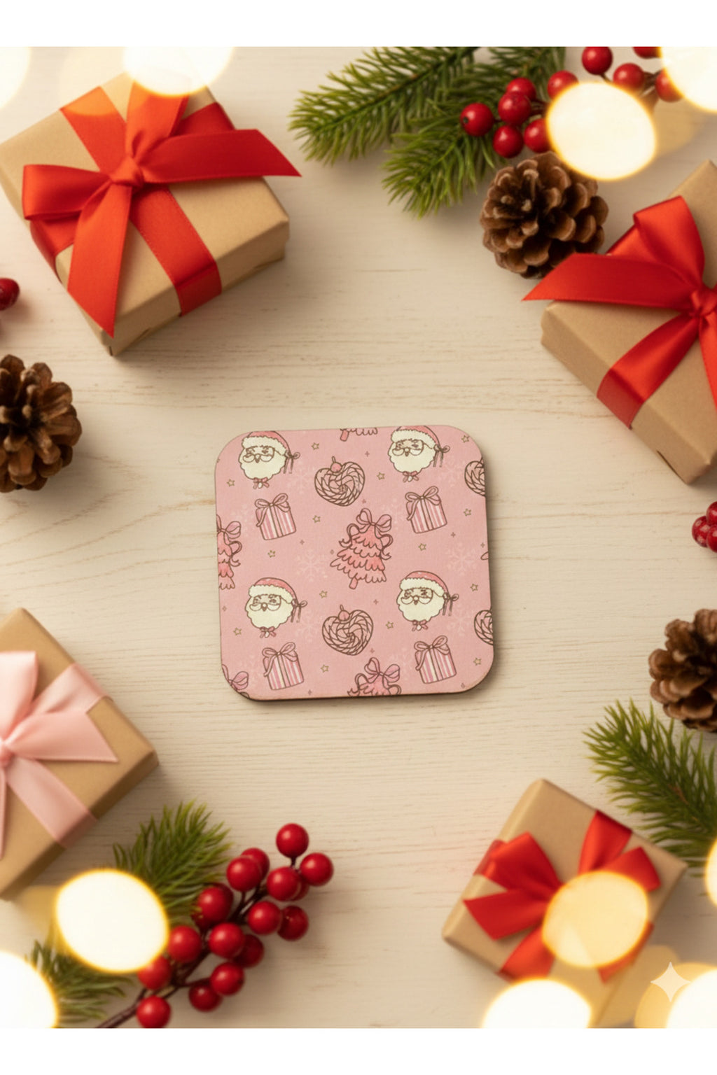 Pembe Yılbaşı Desenli Bardak Altlığı – Noel Baba ve Hediye Kutulu