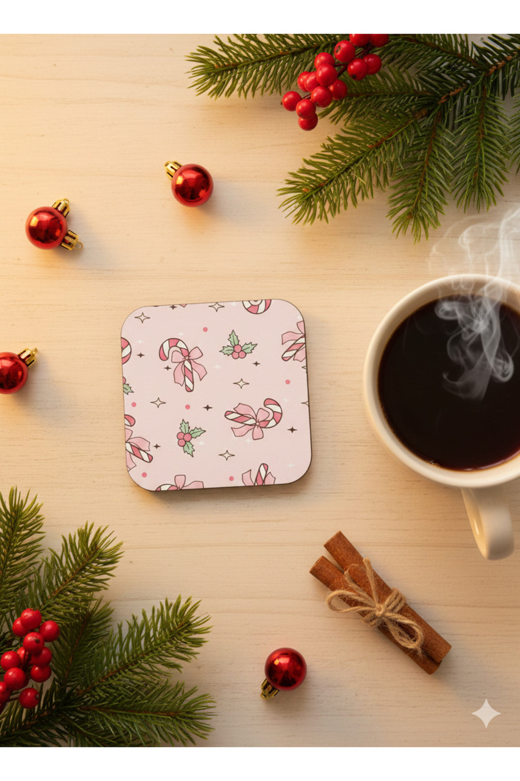 Pembe Candy Cane Yılbaşı Bardak Altlığı – Şeker Kamışı Desenli (10*10)