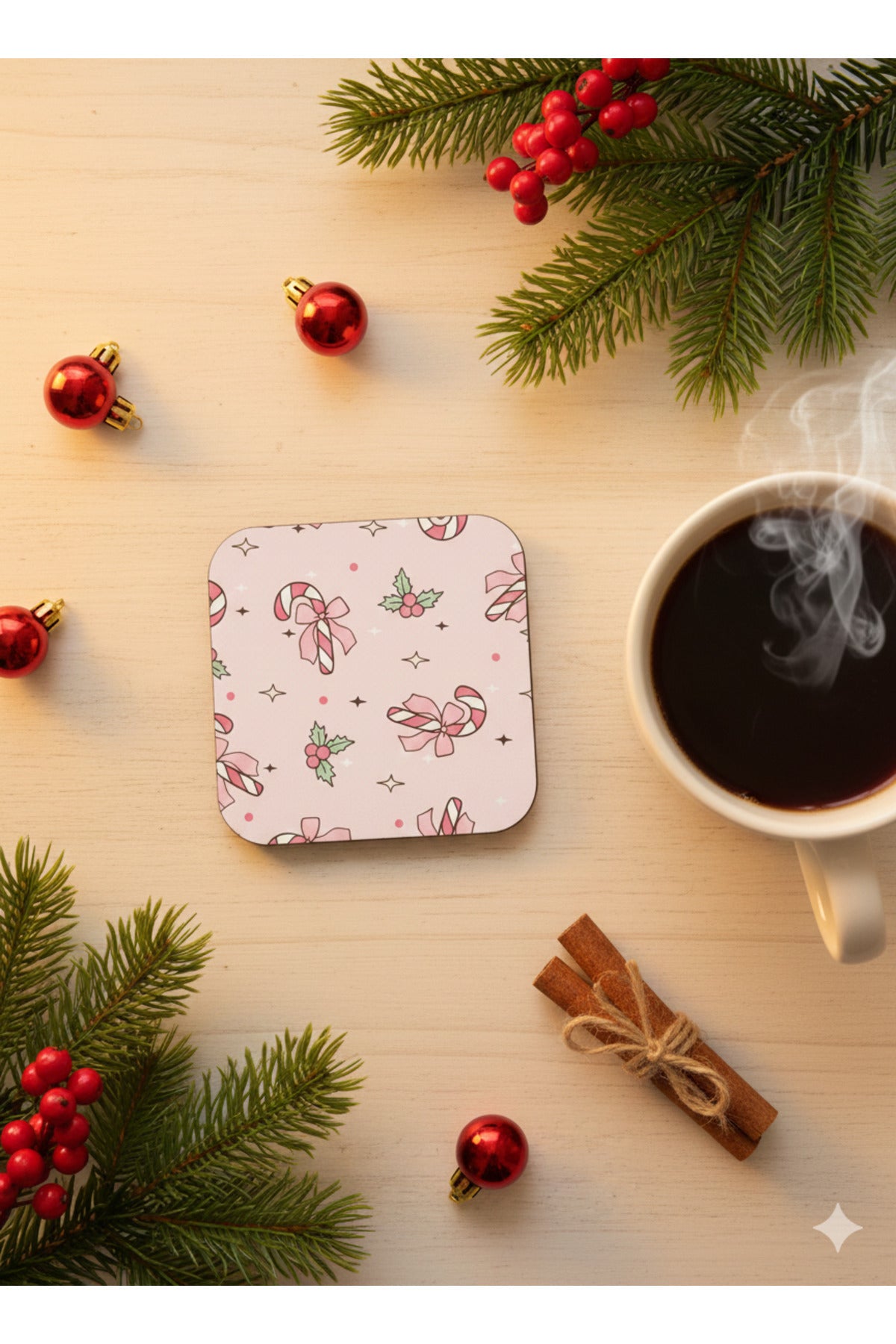Pembe Candy Cane Yılbaşı Bardak Altlığı – Şeker Kamışı Desenli (10*10)