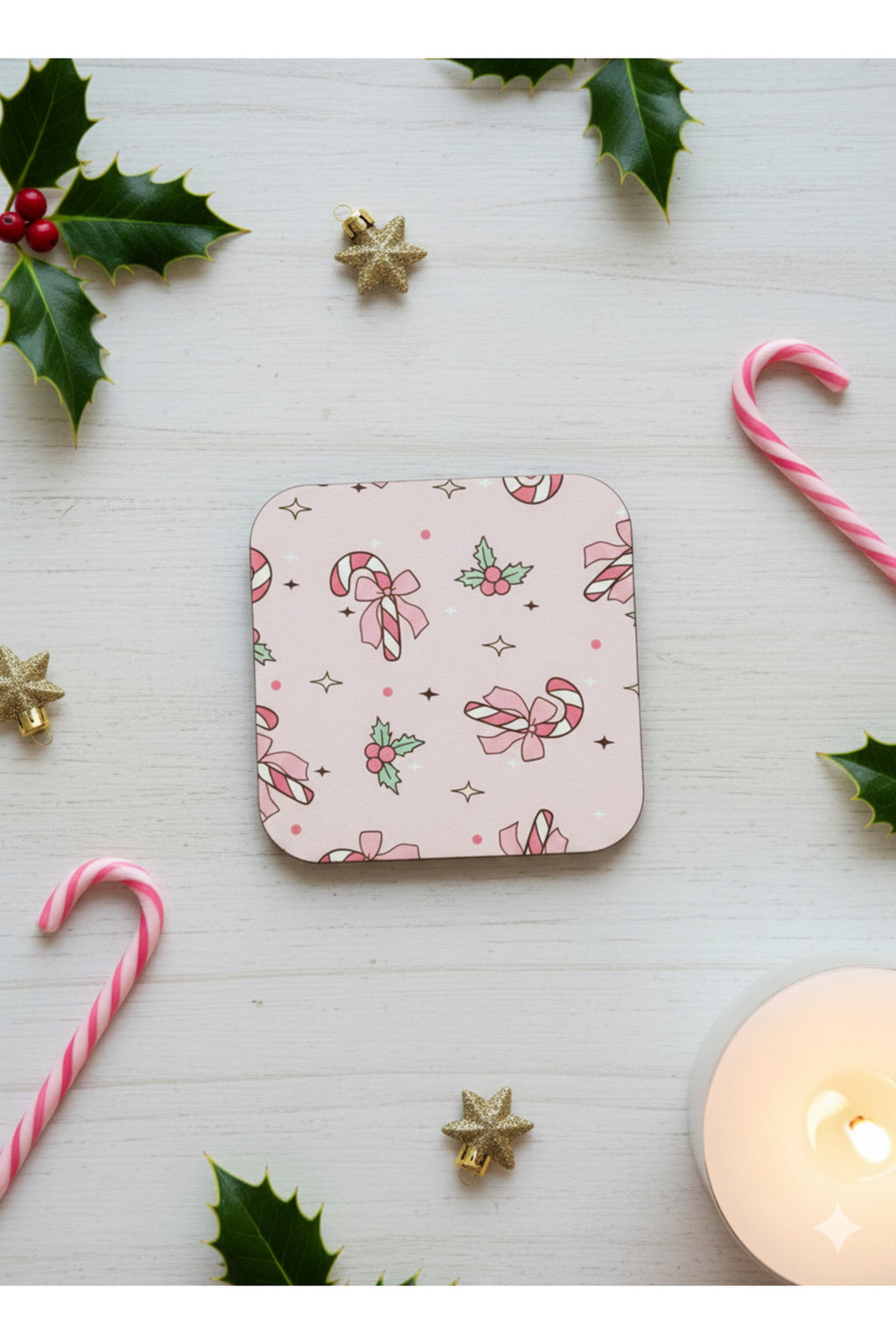 Pembe Candy Cane Yılbaşı Bardak Altlığı – Şeker Kamışı Desenli (10*10)