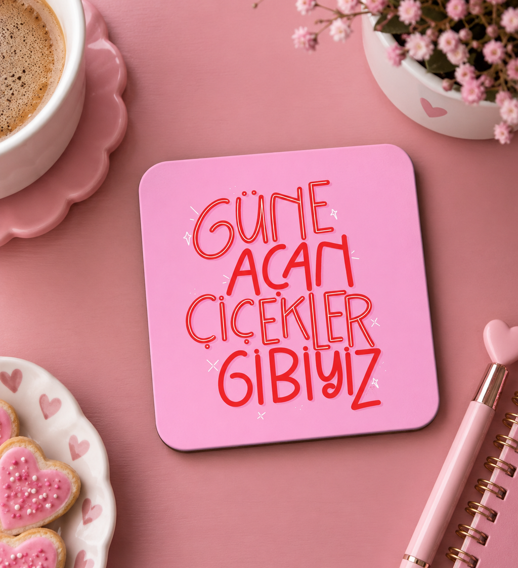 4’lü Pembe Bardak Altlığı Seti ☕✨ | Eğlenceli & Motivasyon Temalı Dekoratif Kahve Altlığı