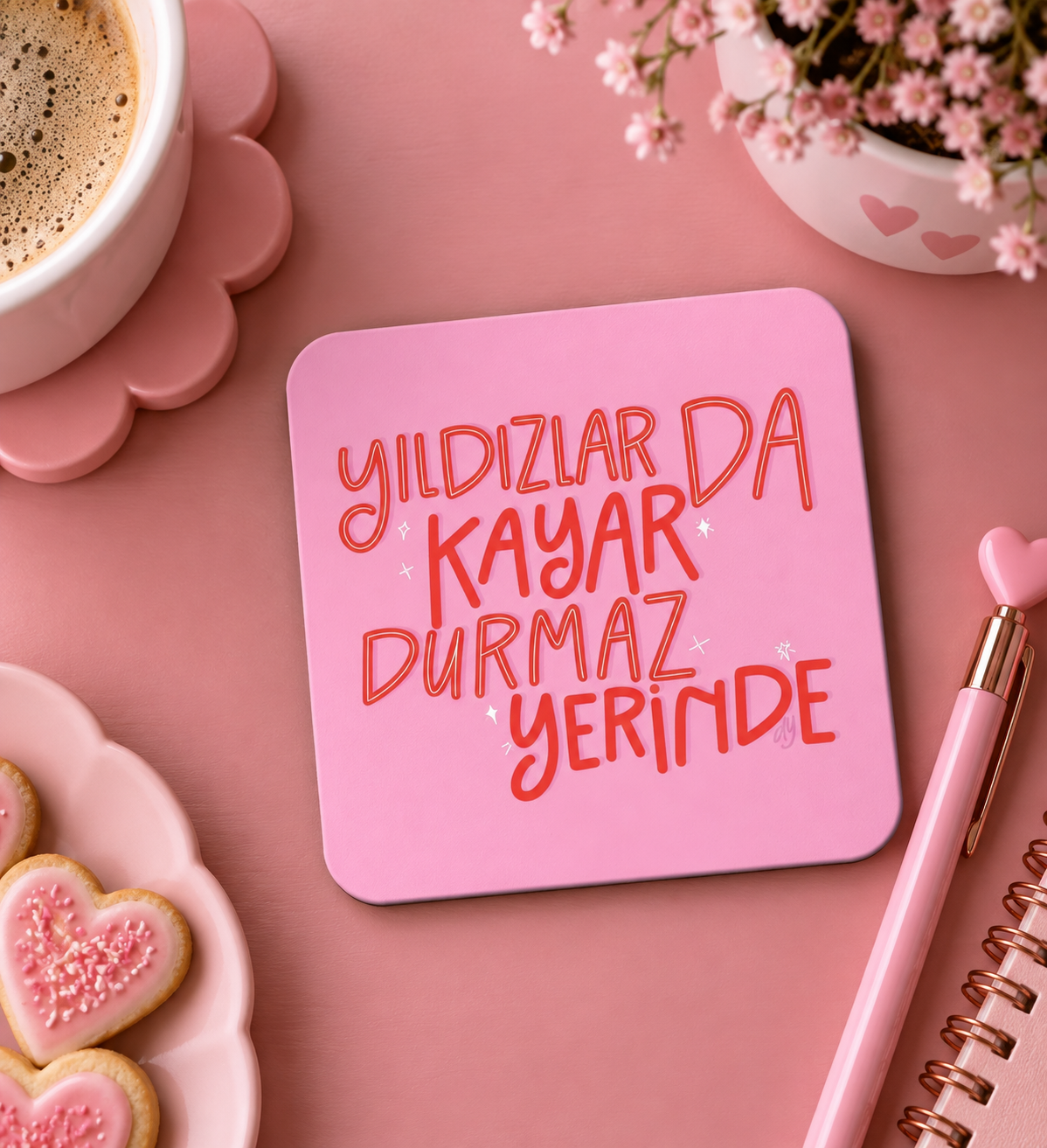 4’lü Pembe Bardak Altlığı Seti ☕✨ | Eğlenceli & Motivasyon Temalı Dekoratif Kahve Altlığı