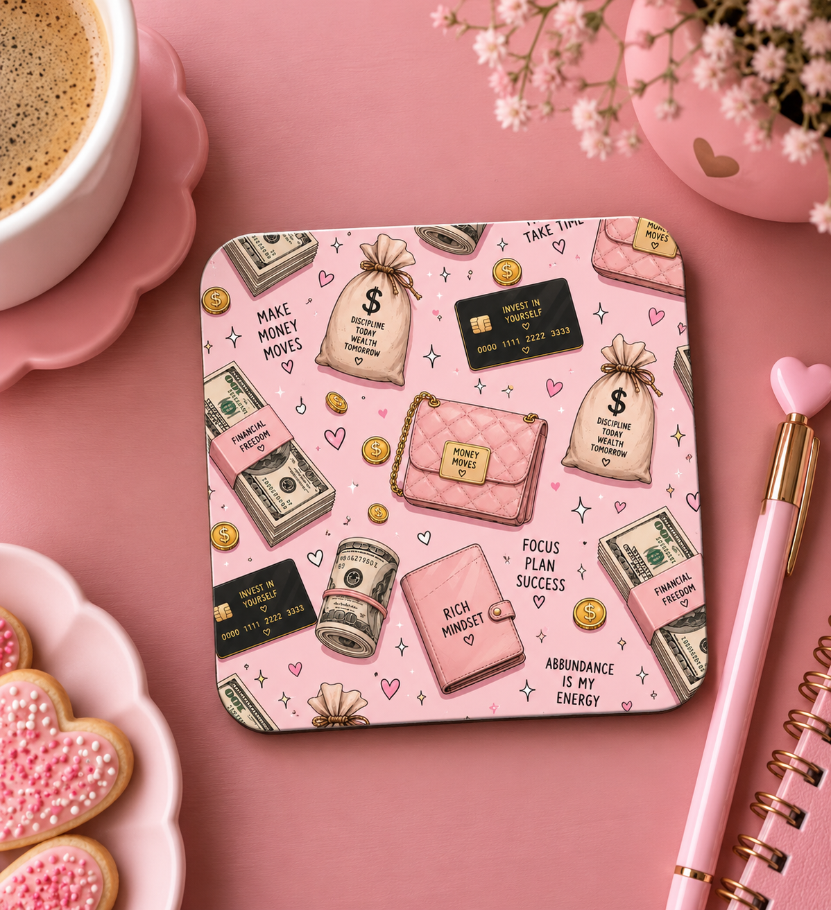 4’lü Pembe Bardak Altlığı Seti ☕✨ | Eğlenceli & Motivasyon Temalı Dekoratif Kahve Altlığı