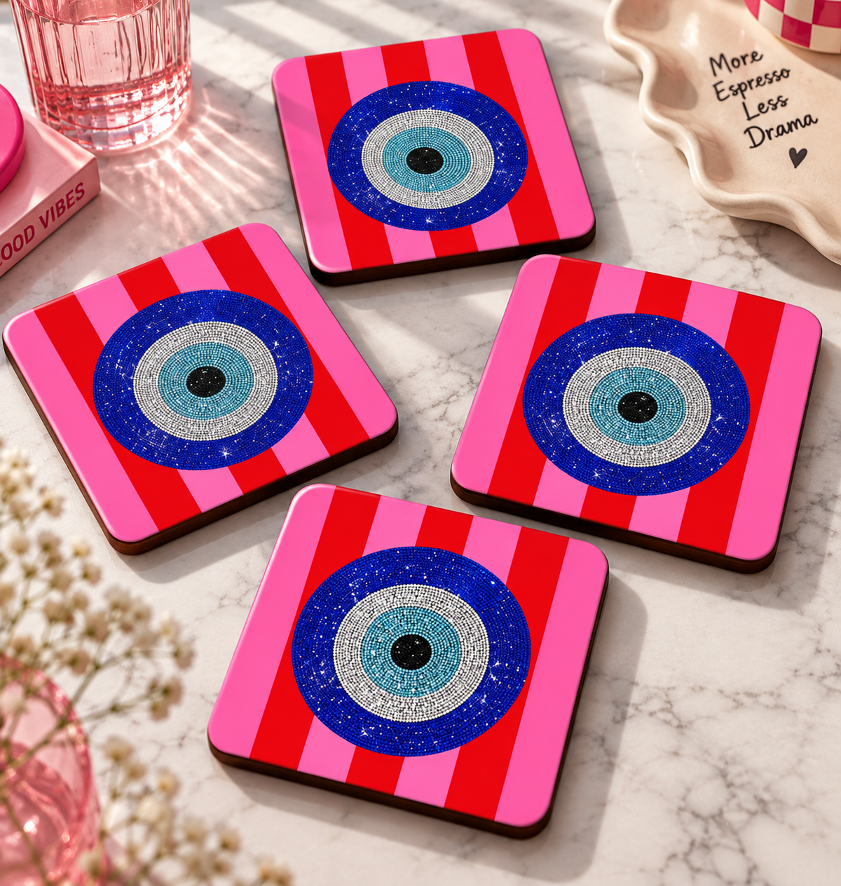 4'lü Nazar Boncuklu Pop Art Bardak Altlığı Seti 10x10 cm – 5 mm MDF Ahşap Kare Dekoratif Kupa Altlığı