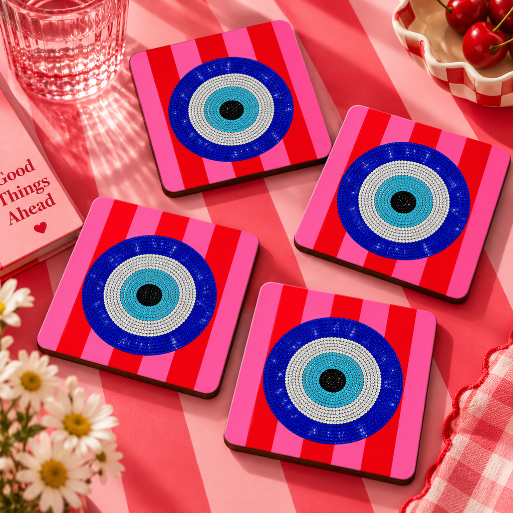 4'lü Nazar Boncuklu Pop Art Bardak Altlığı Seti 10x10 cm – 5 mm MDF Ahşap Kare Dekoratif Kupa Altlığı