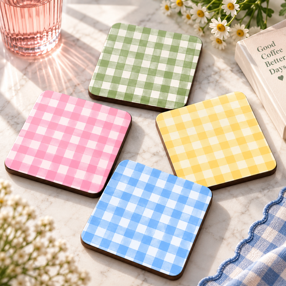 4'lü Gingham Kare Bardak Altlığı Seti 10x10 cm – 5 mm MDF Ahşap Ekose Desenli Dekoratif Kupa Altlığı