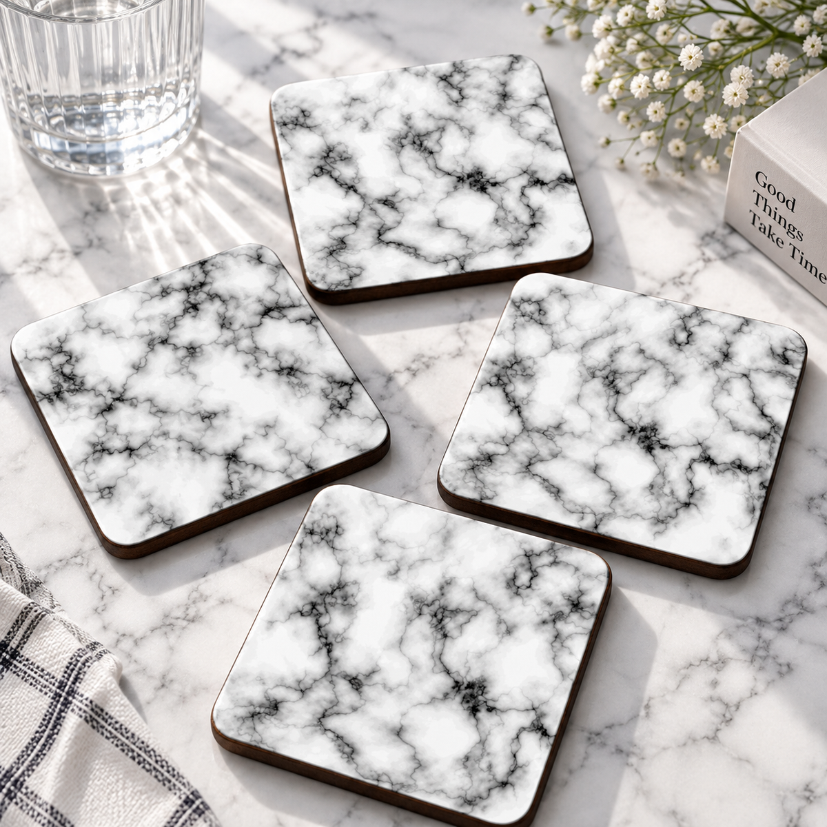 4'lü Siyah Beyaz Mermer Desenli Bardak Altlığı Seti 10x10 cm – 5 mm MDF Ahşap Kare Dekoratif Kupa Altlığı
