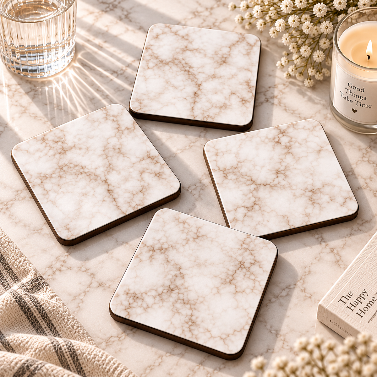 4'lü Krem Mermer Desenli Bardak Altlığı Seti 10x10 cm – 5 mm MDF Ahşap Kare Dekoratif Kupa Altlığı