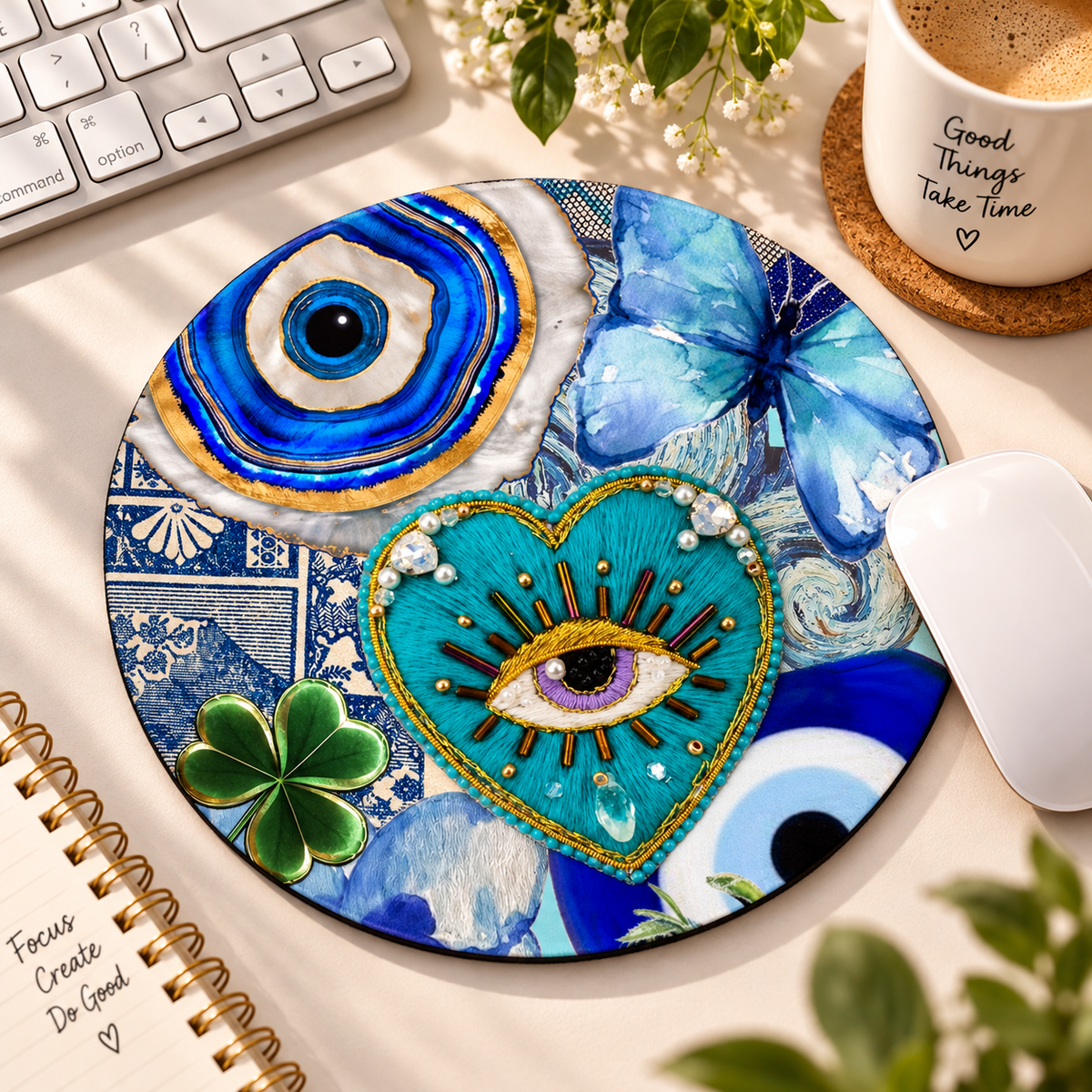 Nazar Boncuklu Mavi Yuvarlak Mouse Pad 19,5 cm | GLOWOOW