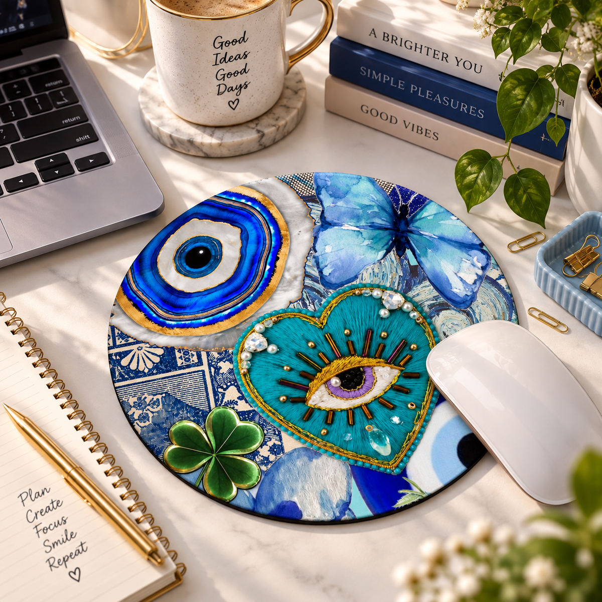 Nazar Boncuklu Mavi Yuvarlak Mouse Pad 19,5 cm | GLOWOOW