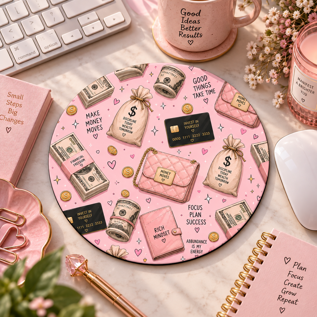 Para Temalı Pembe Yuvarlak Mouse Pad 19,5 cm | GLOWOOW