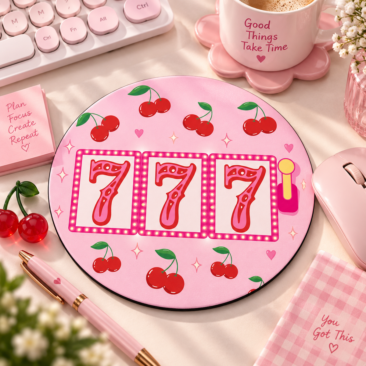 Cherry 777 Pembe Retro Yuvarlak Mouse Pad 19,5 cm | GLOWOOW