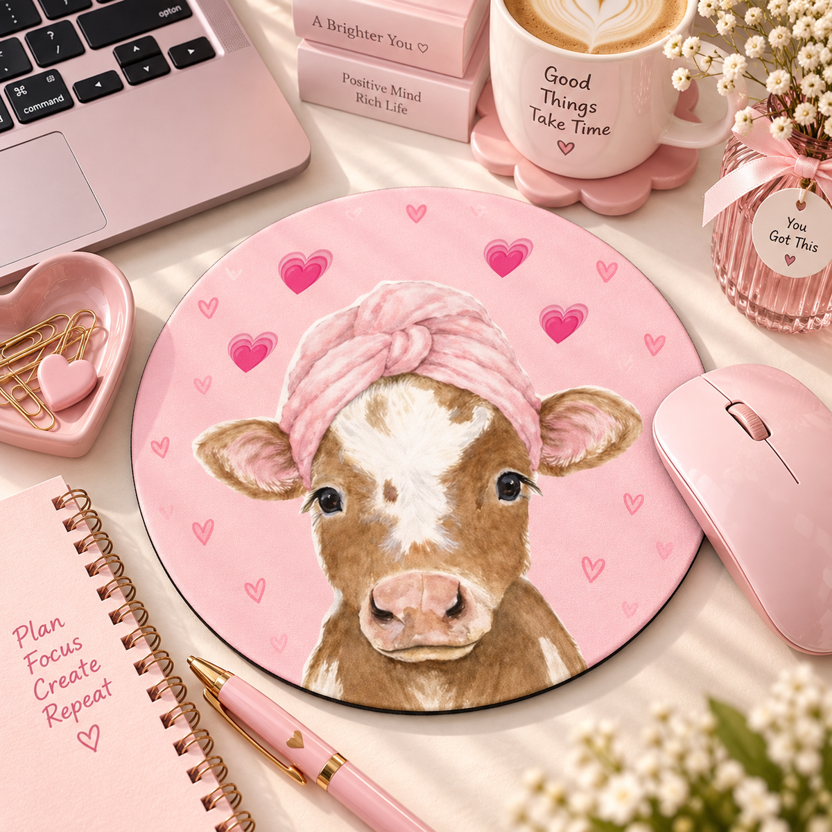 İnek Temalı Pembe Yuvarlak Mouse Pad 19,5 cm | GLOWOOW