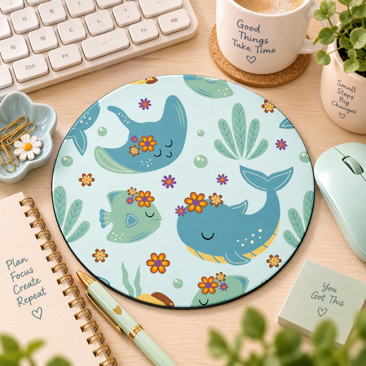 Kawaii Balina Desenli Yuvarlak Mouse Pad 19,5 cm | GLOWOOW