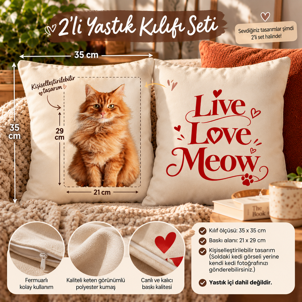 Kişiye Özel Kedi Fotoğraflı 2'li Yastık Kılıfı Seti 35x35 cm | Kedi Severlere Özel Hediye