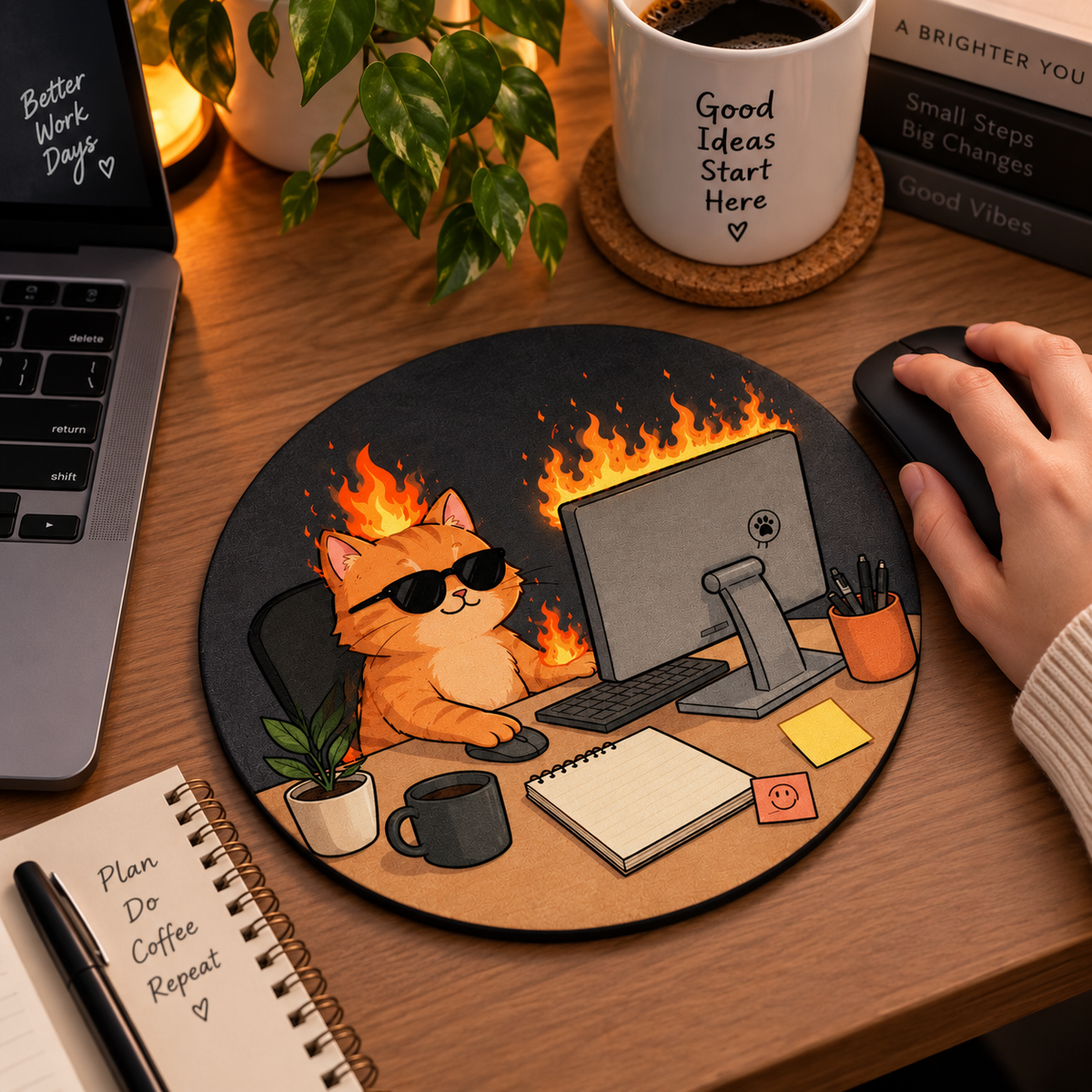 Turuncu Kedi Temalı Yuvarlak Mouse Pad 19,5 cm | GLOWOOW