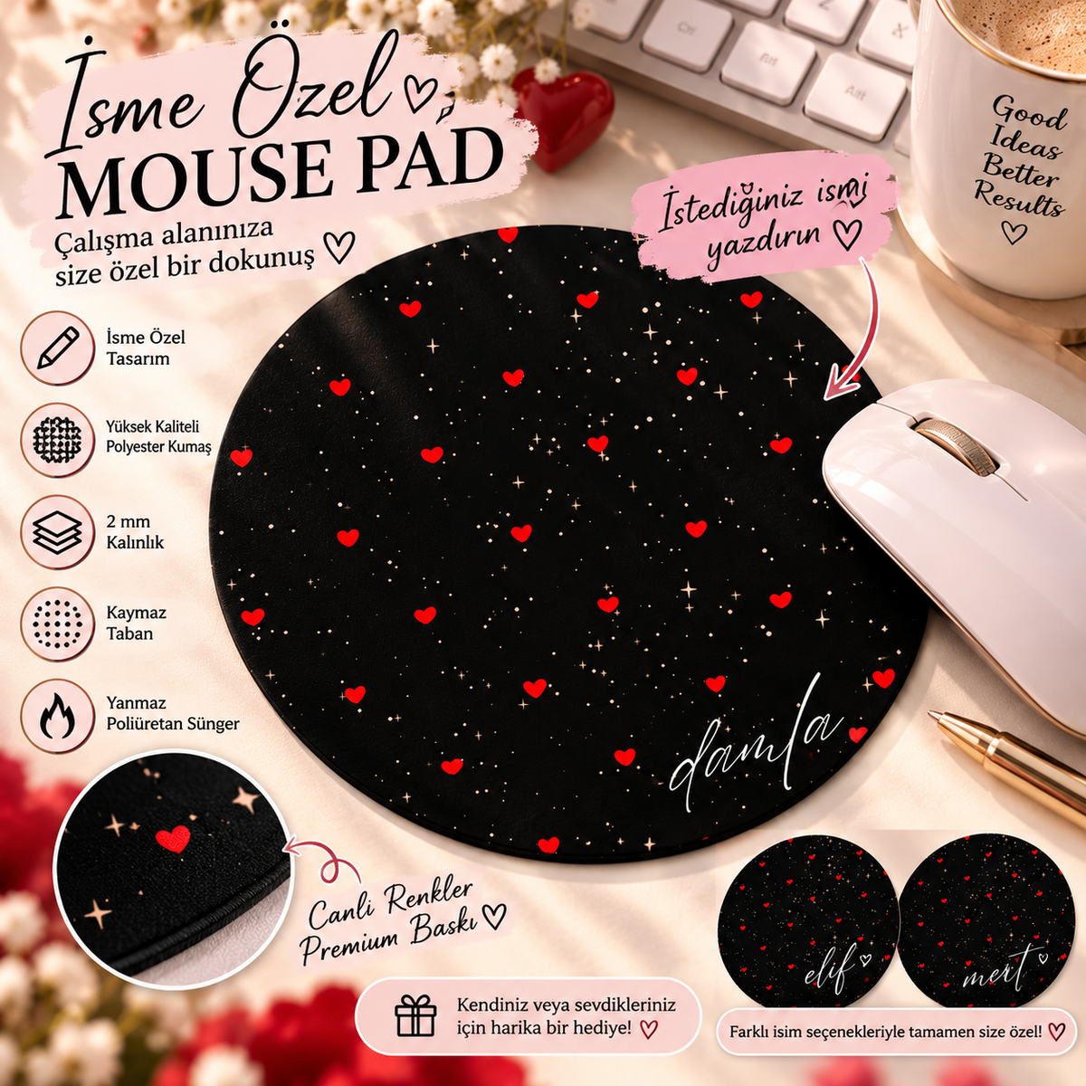 Kişiye Özel İsimli Yuvarlak Mouse Pad 19,5 cm | GLOWOOW