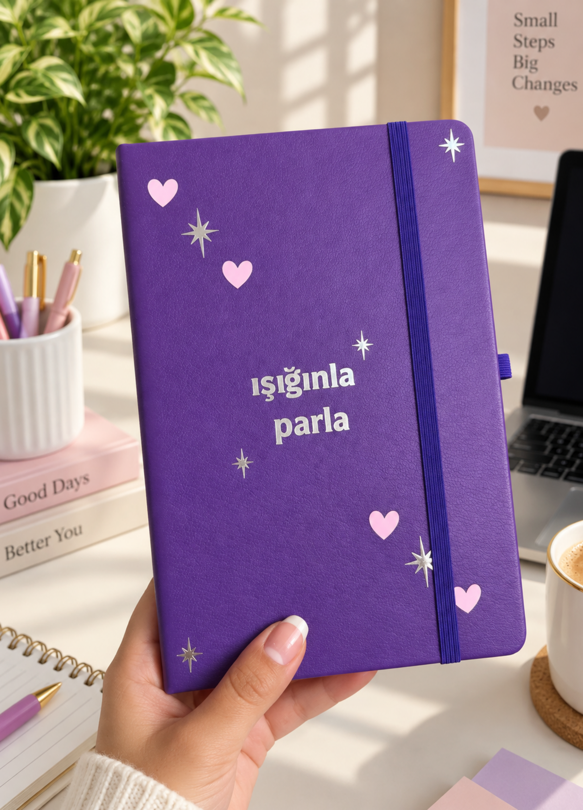 ✨ Işığınla Parla Mor Defter 💜 Kalpli Yıldızlı Termo Deri Lastikli Çizgili Not Defteri | Şık Hediye 🎁
