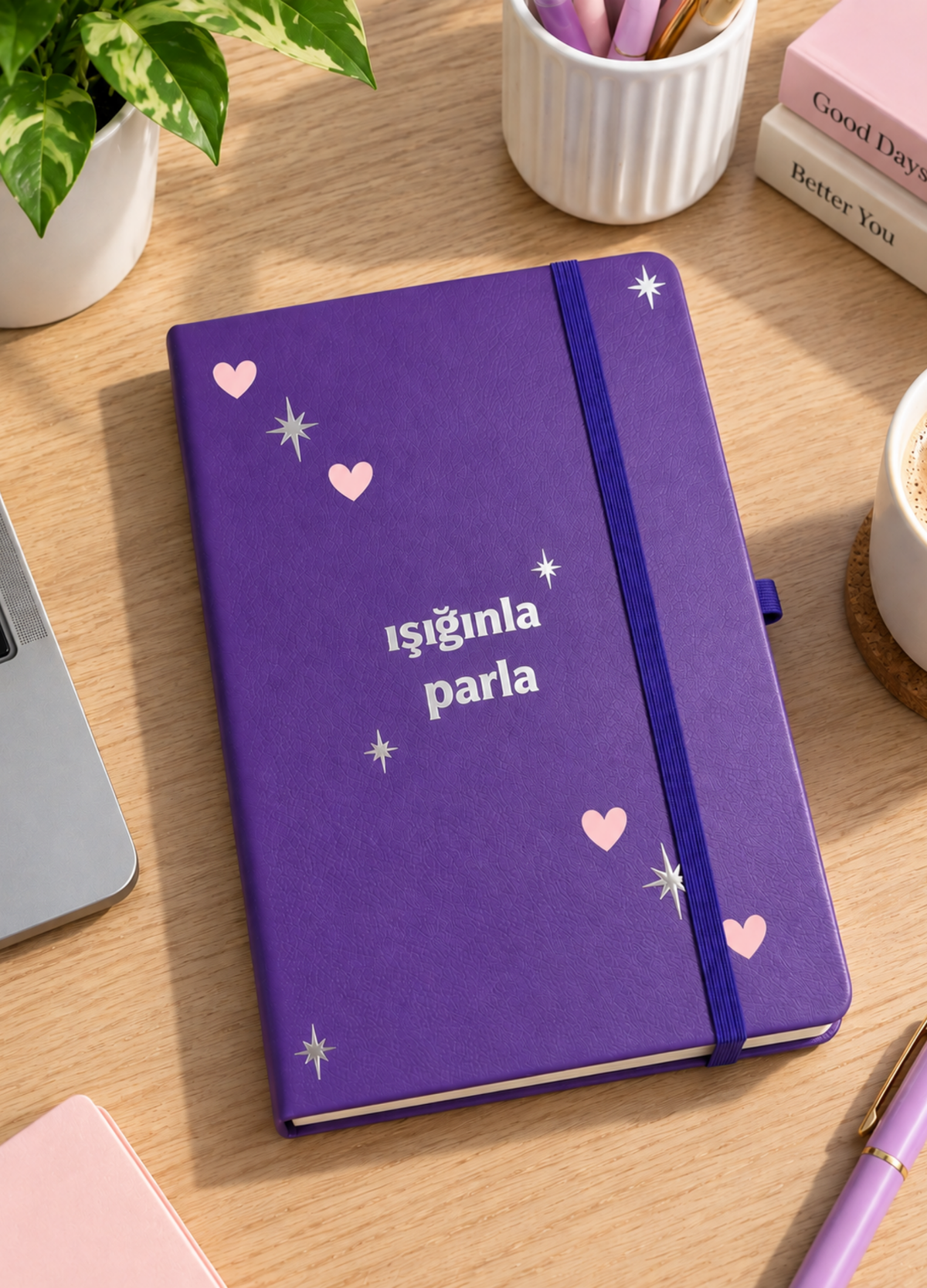 ✨ Işığınla Parla Mor Defter 💜 Kalpli Yıldızlı Termo Deri Lastikli Çizgili Not Defteri | Şık Hediye 🎁