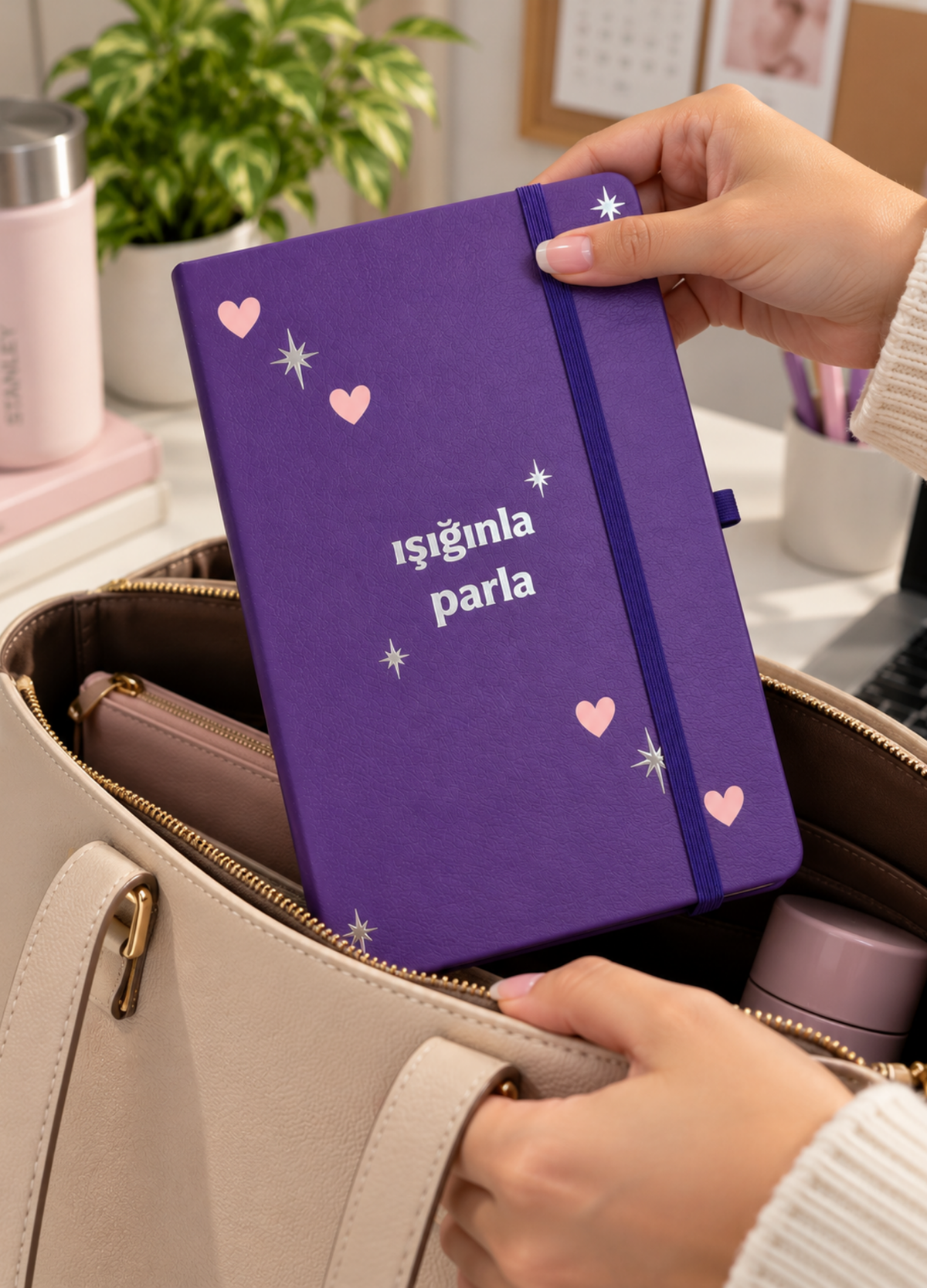 ✨ Işığınla Parla Mor Defter 💜 Kalpli Yıldızlı Termo Deri Lastikli Çizgili Not Defteri | Şık Hediye 🎁